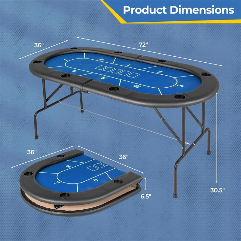 72" Foldable Poker Table for 8 Players with 8 Cup Holders & Casino-Grade Felt, Portable Oval Texas Holdem Card Table for Blackjack, No Assembly