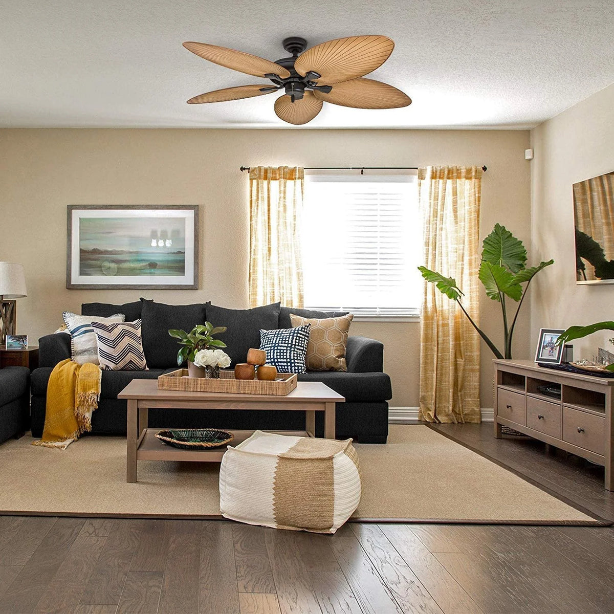 Honeywell Palm Valley 52" Bronze Tropical Ceiling Fan with 5 Palm Blades, 4 Arm Light Kit, Pull Chains & Reverse Airflow