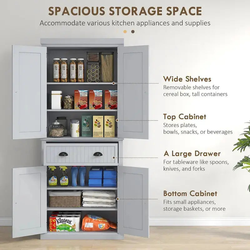 Traditional Pantry Cabinet – 72″ Freestanding Storage with Doors, Drawers & Adjustable Shelves