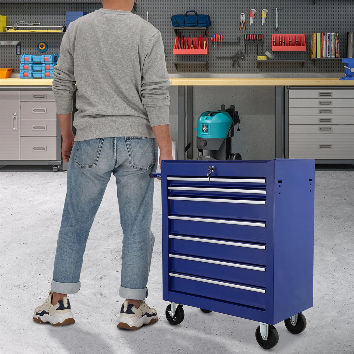 Aukfa Tool Chest, 24.5 in 7 - Drawer Steel Rolling Tool Box on Wheels for Workshop Garage, Red