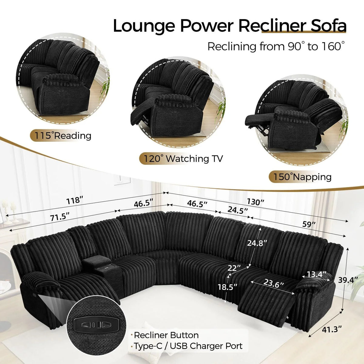 Power Reclining Sectional Sofa with Wireless Charger, 6 - Seater Faux Fur Sectional with Recliners, Hidden Cup Holders, Storage Console, USB & Type - C Ports, Black
