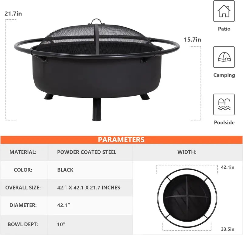SUNCREAT 42″ Wood-Burning Patio Fire Pit with Spark Screen & Fireplace Poker – Heavy-Duty Black Outdoor Bonfire Unit