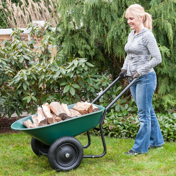 Garden Star Dual Wheel . Poly Tray Yard Rover Wheelbarrow . Green