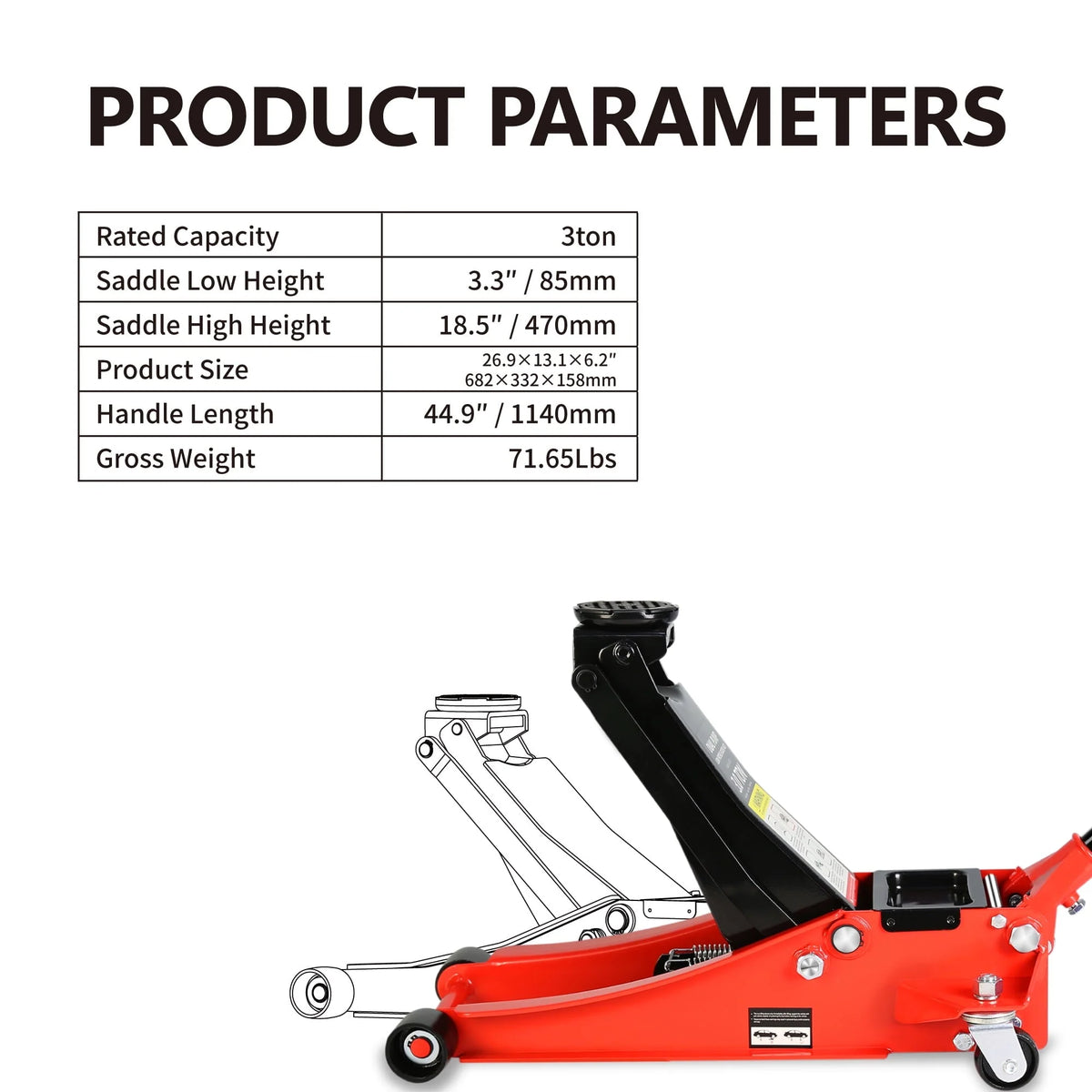 DSstyles 3 Ton Hydraulic Floor Jack Dual Pump 6600 Lb Capacity Lifting Range 3.3"-18.5" Low Profile Service Jack for Quickly Car Lift
