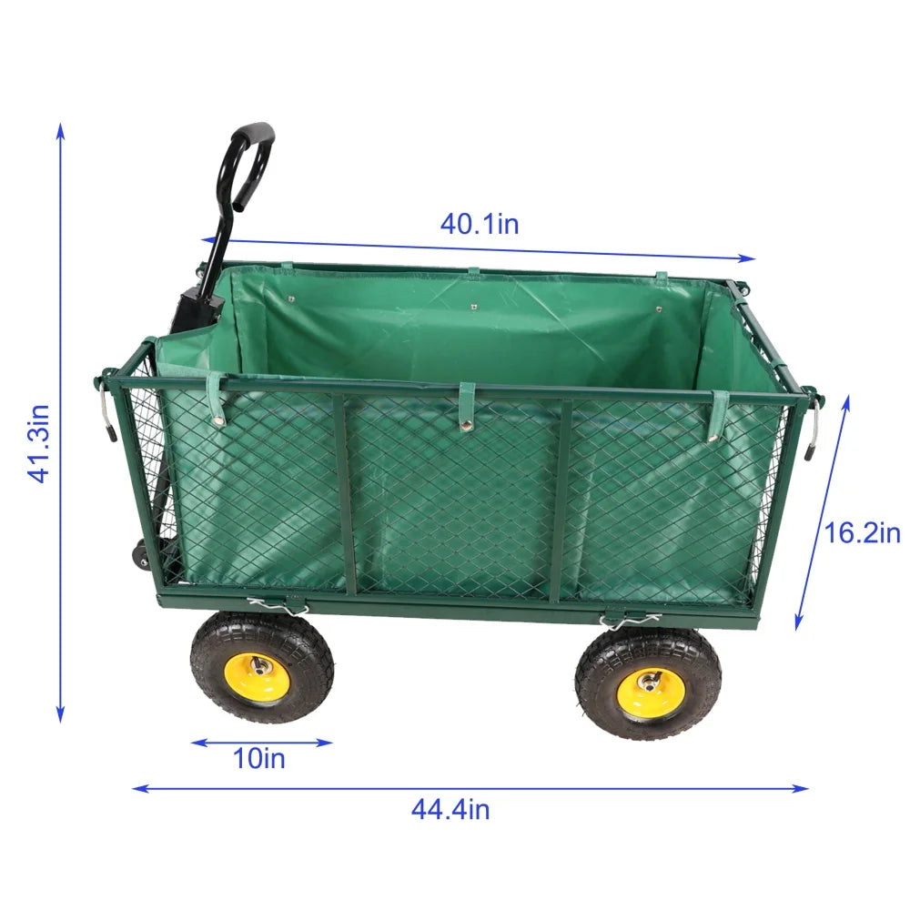 Gzxs Heavy Duty 880 lb Capacity Mesh Steel Garden Cart, Folding Utility Wagon with Removable Sides, Cart Liner, Storage Basket and 10" Large Wheels (Green)