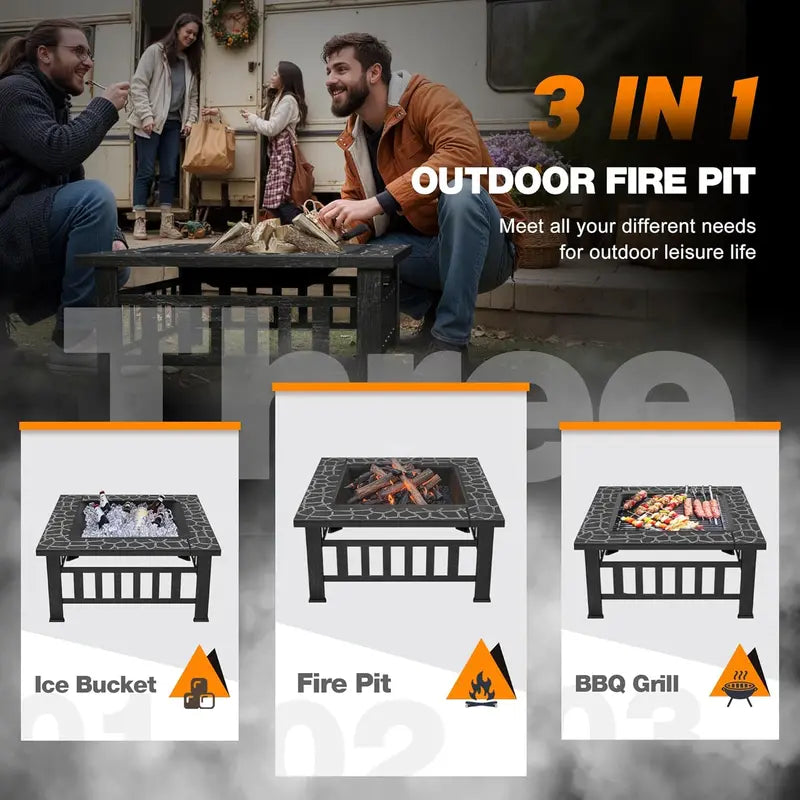 Devoko 32-Inch Outdoor Fire Pit Table  Weather-Resistant Metal Fireplace with Waterproof Cover for Patios