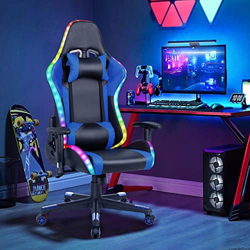 Gaming Chair with Speakers, Video Game Chair with RGB LED Lights, Footrest, Ergonomic Racing Computer Gaming Recliner Chair Swivel E-Sports Chair with Lumbar Support Headrest Armrest, Black