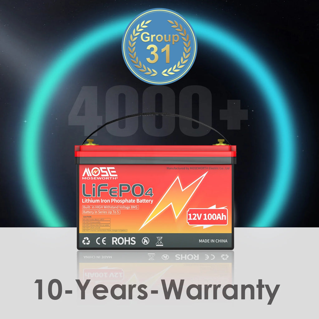 12V 100ah LiFePO4 Lithium Battery, MOSEWORTH RV, Solar, Trolling Motor, Camping, Marine, Off - Grid, Group 31 15000+Deep Cycles Battery, Low Temp Cut Off