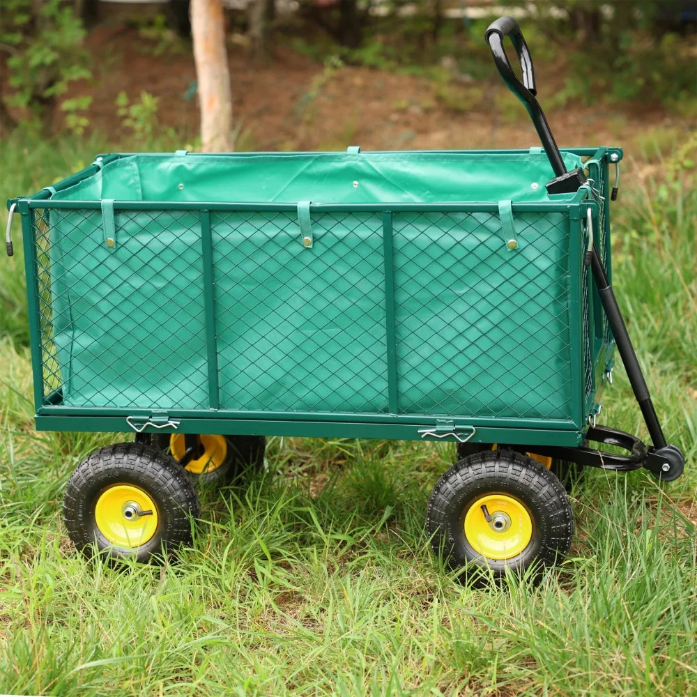 Gzxs Heavy Duty 880 lb Capacity Mesh Steel Garden Cart, Folding Utility Wagon with Removable Sides, Cart Liner, Storage Basket and 10" Large Wheels (Green)