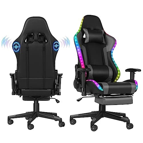 Gaming Chair with Speakers, Video Game Chair with RGB LED Lights, Footrest, Ergonomic Racing Computer Gaming Recliner Chair Swivel E-Sports Chair with Lumbar Support Headrest Armrest, Black