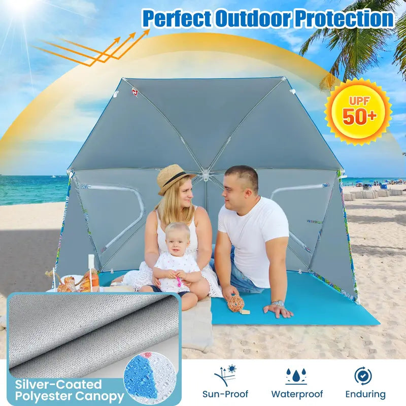 Convertible 2-to-4-Person Beach Tent  Dual-Side Sun Shelter with Roll-Up Windows