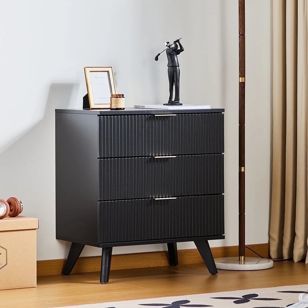 YOCWO Fluted Nightstand for Bedroom Set of 2, Wood Bedside Table Set of 2 with Drawers, Black