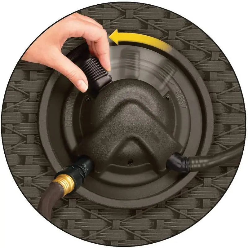 Suncast Aquawinder Hose Reel – Hands-Free, Water-Powered Retractable Reel in Wicker-Style Java Finish