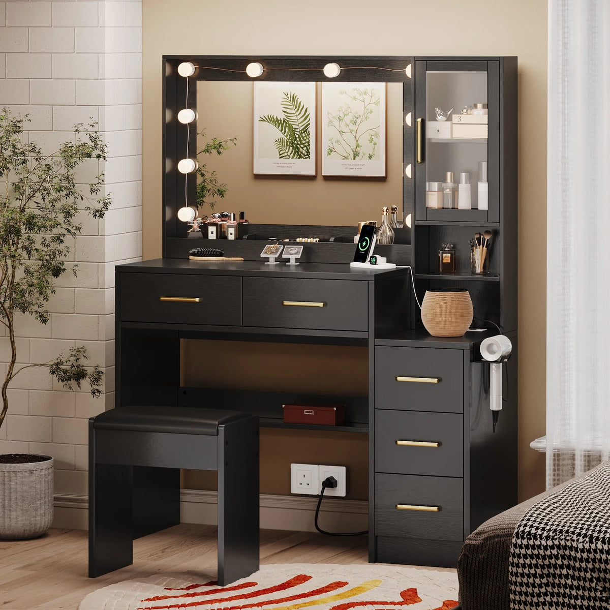 UGTOO 58.3" White Vanity Desk with Mirror, Adjustable Lighting, Power Outlet, Drawers, with Stool