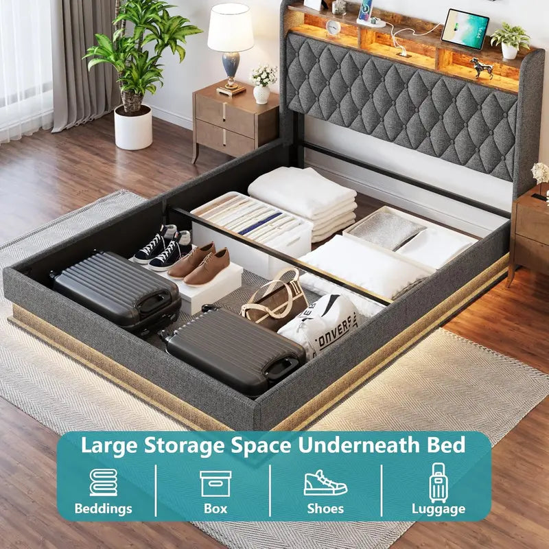 Upholstered Lift-Up Queen Platform Bed – Storage-Friendly Headboard Design, No Box Spring Needed