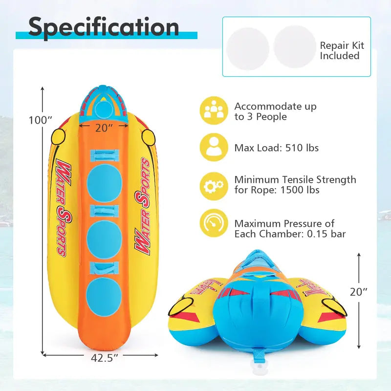 Three-Passenger Banana Towable Tube – EVA-Padded Seats for Boating and Water Sports