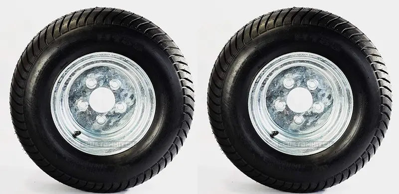 Two 20.5×8-10 Trailer Tires Mounted on Galvanized Rims – 5-Lug E-Series with 205/65-10 Fitment