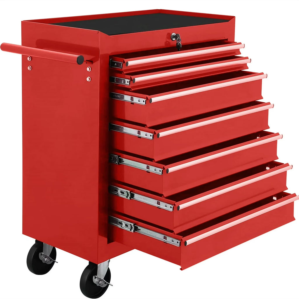 Aukfa Tool Chest, 24.5 in 7 - Drawer Steel Rolling Tool Box on Wheels for Workshop Garage, Red