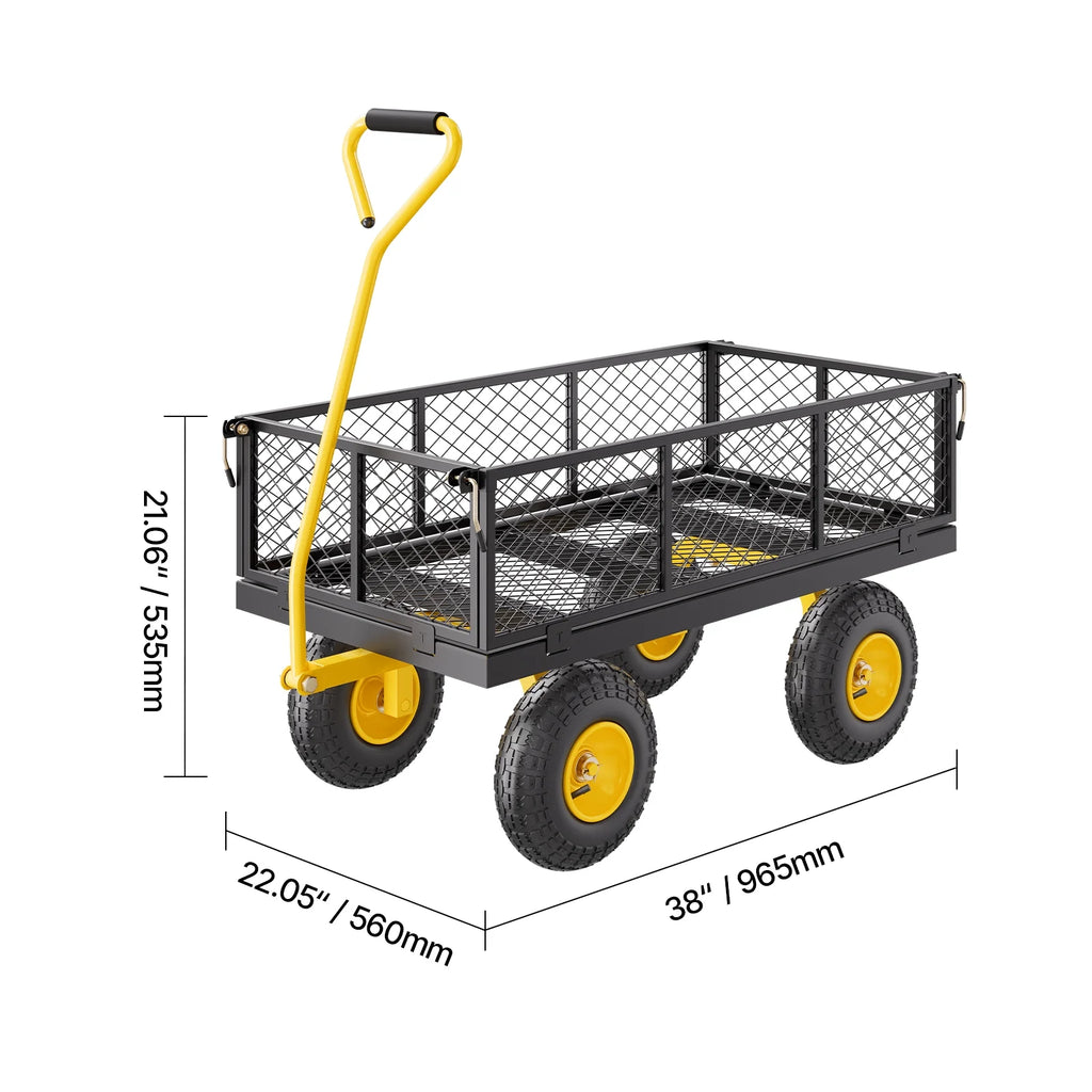 VEVOR 900 lb Heavy Duty Steel Garden Cart, Garden Wagon Cart on Wheels, Outdoor Metal Yard Utility Wagon Carts with 10" Tires and Mesh Removable Sides(Convert to Flatbed) and 180rotating Handle