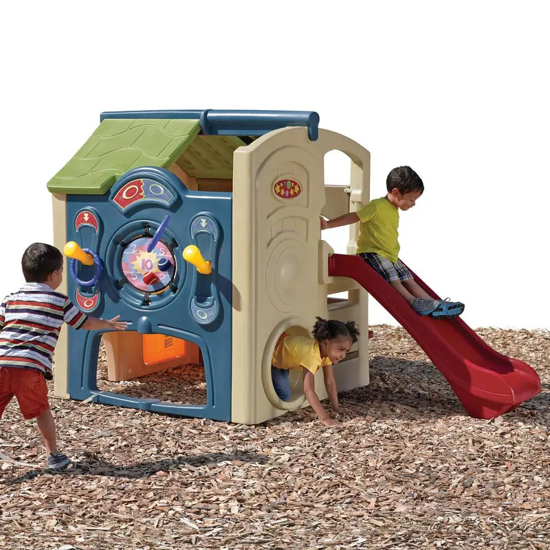 Step2 Neighborhood Fun Center – Outdoor Brown Plastic Playhouse with Slide for Kids