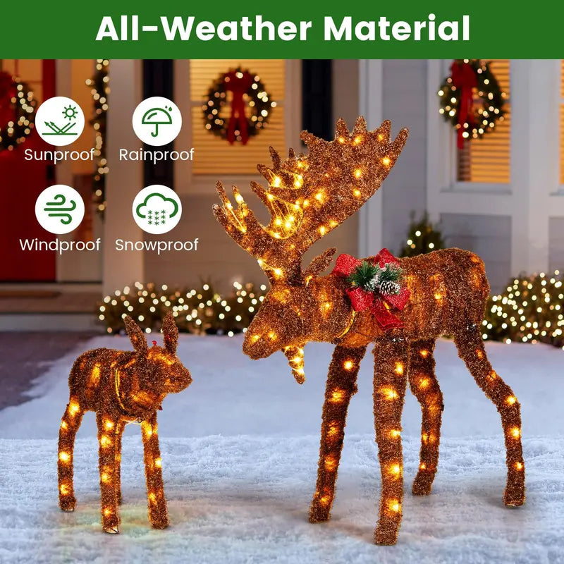Two-Light-Up Christmas Moose Figures — Family-Themed Deer Decor with 170 Warm White LEDs