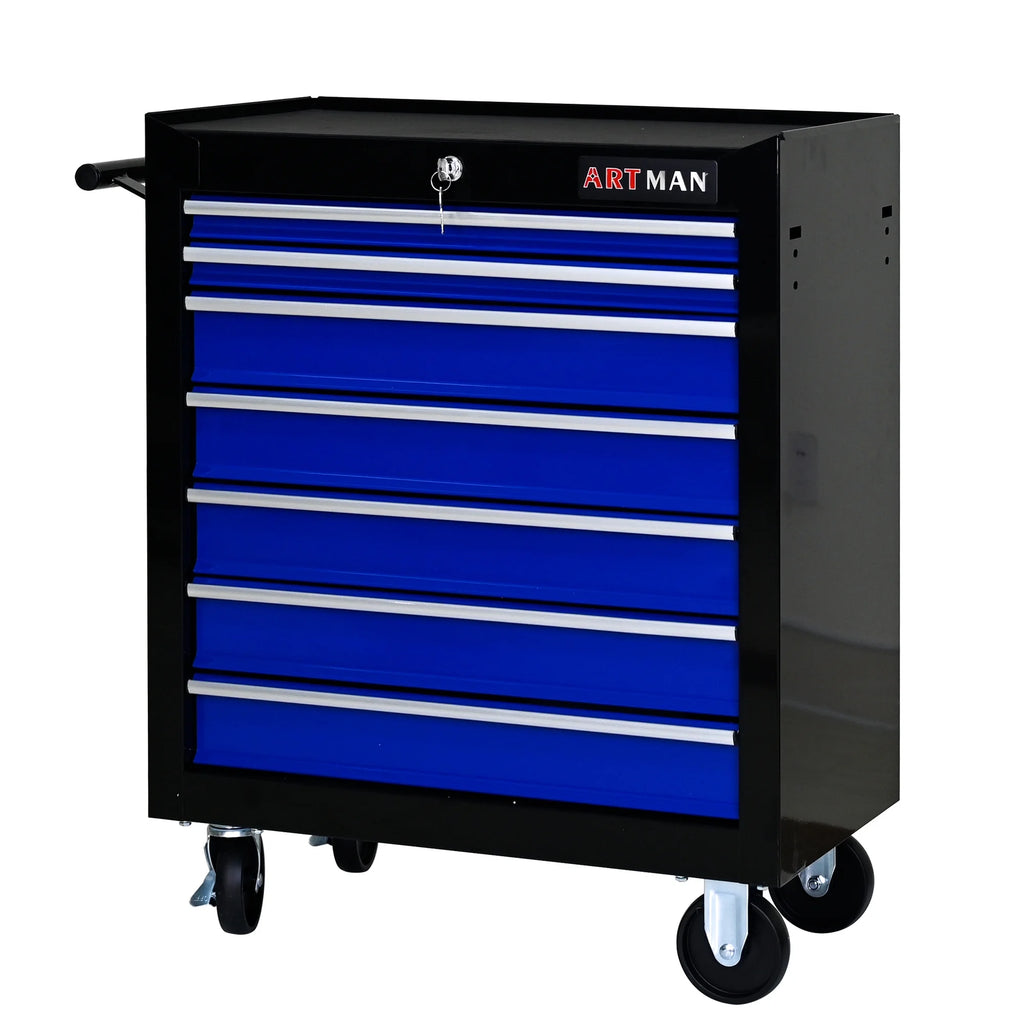 Aukfa Tool Chest, 24.5 in 7 - Drawer Steel Rolling Tool Box on Wheels for Workshop Garage, Red
