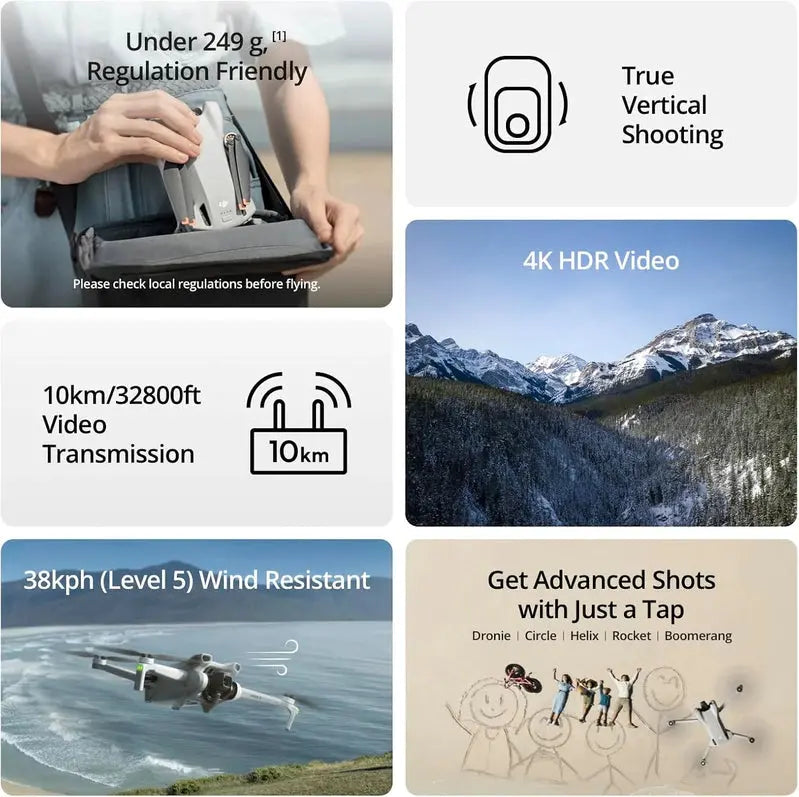 DJI Mini 3 Drone  4K Camera, 38-Min Flight Time, 10 km HD Transmission, Vertical Shooting Mode