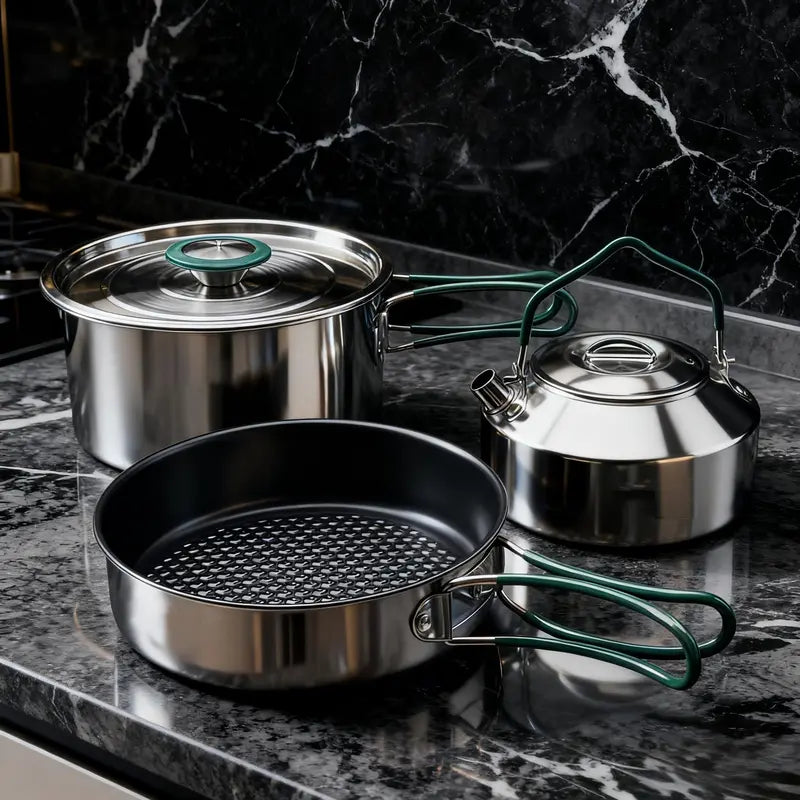 Compact Foldable Camping Cookware Set  Pan, Saucepan & Kettle