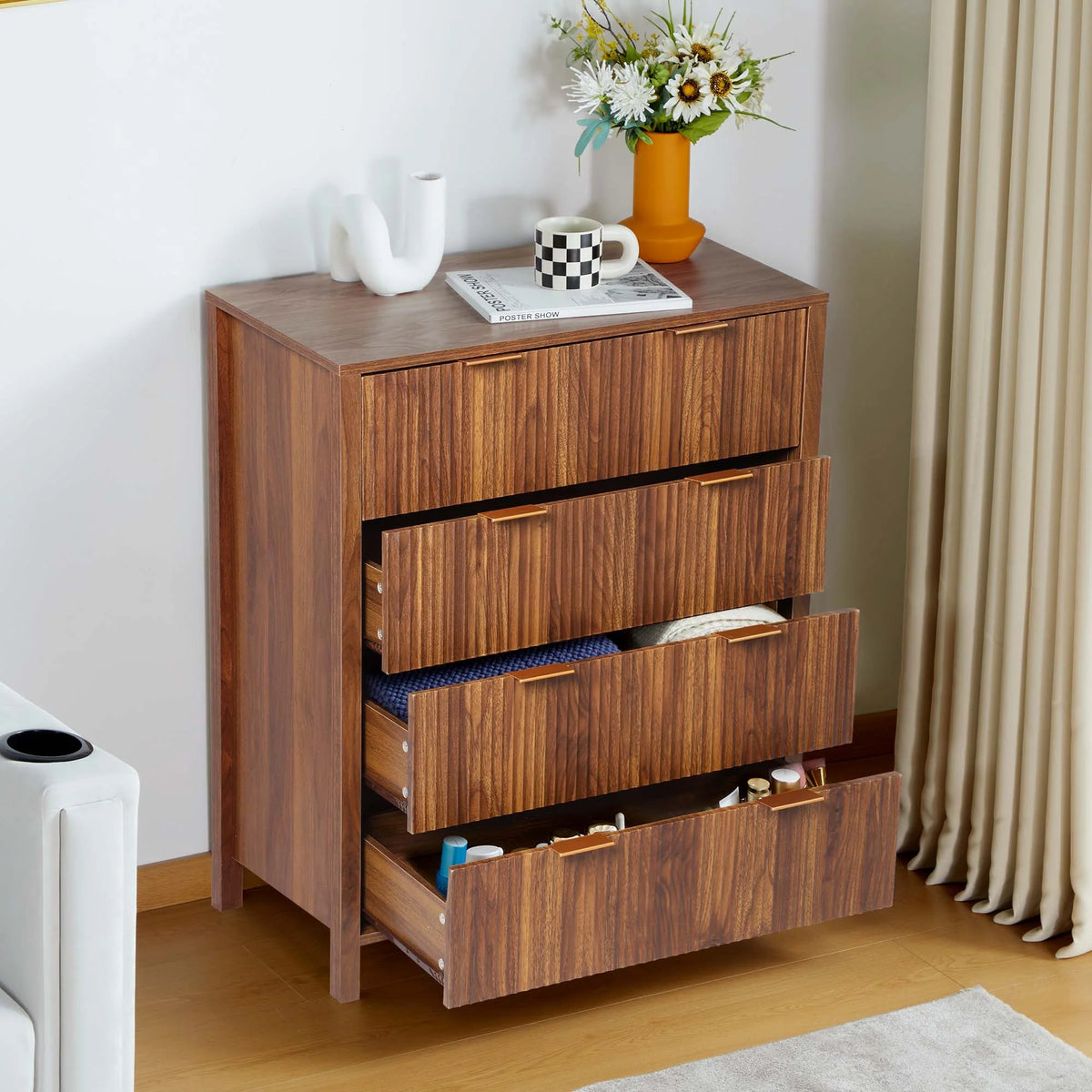 YOCWO Fluted Nightstand for Bedroom Set of 2, Wood Bedside Table Set of 2 with Drawers, Black