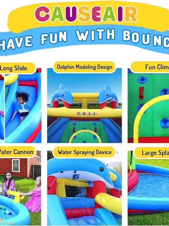 Dolphin Inflatable Water Slide & Bounce House with Double Cannons & Climbing Wall  Kids Backyard Water Park