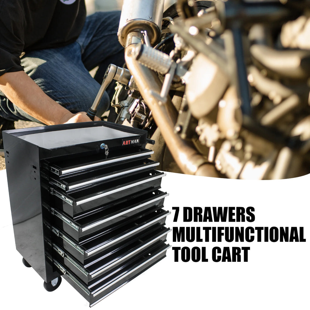 Aukfa Tool Chest, 24.5 in 7 - Drawer Steel Rolling Tool Box on Wheels for Workshop Garage, Red