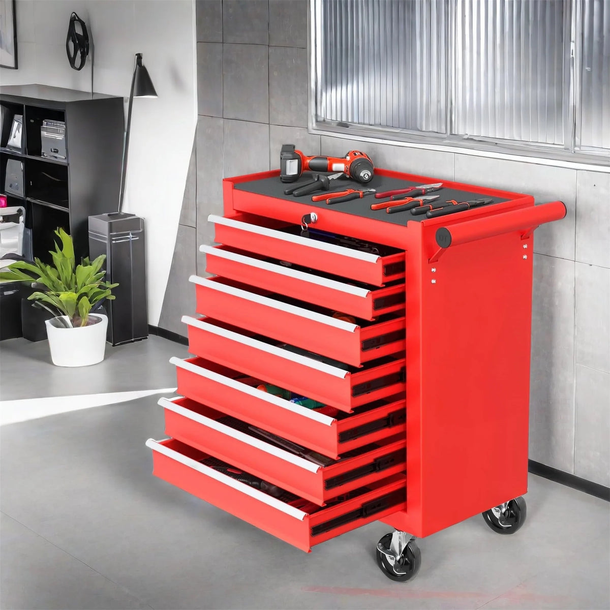 Aukfa Tool Chest, 24.5 in 7 - Drawer Steel Rolling Tool Box on Wheels for Workshop Garage, Red
