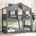 Twin-over-Twin Playhouse-Style Bunk Bed – Grey with Roof, Window & Safety Rails