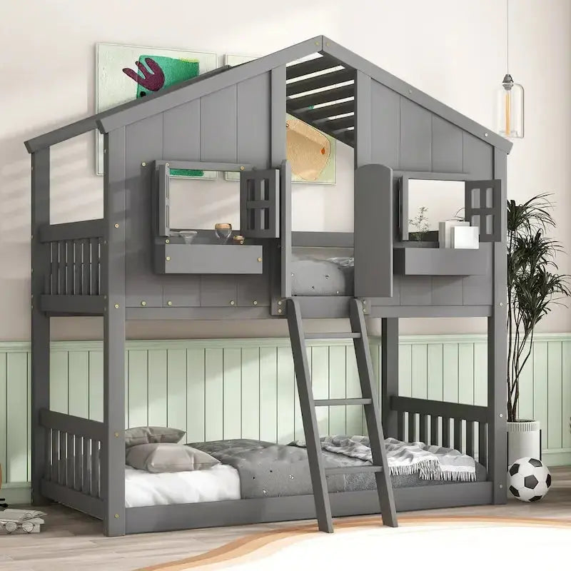 Twin-over-Twin Playhouse-Style Bunk Bed – Grey with Roof, Window & Safety Rails