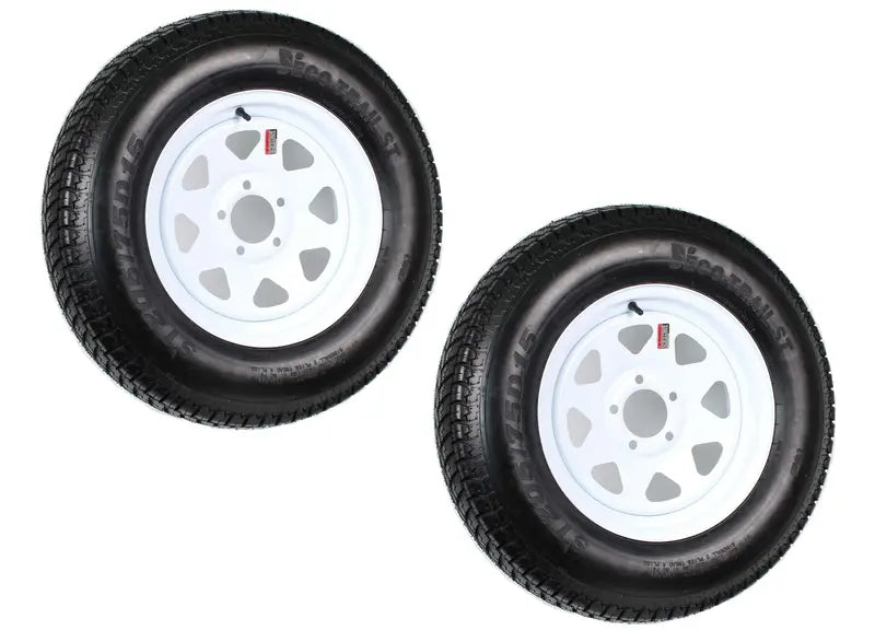 Trailer Tire & Rim Set — 2-Pack ST205/75D15 (205/75-15), Load Range C, 5-Hole White Spoke Design