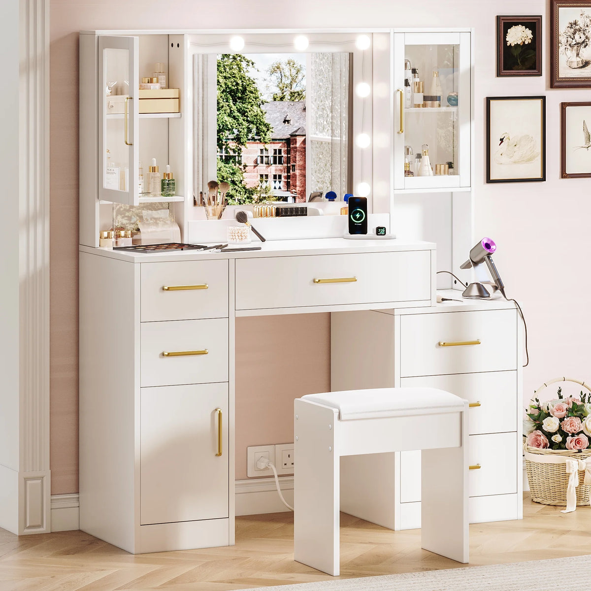 UGTOO 58.3" White Vanity Desk with Mirror, Adjustable Lighting, Power Outlet, Drawers, with Stool