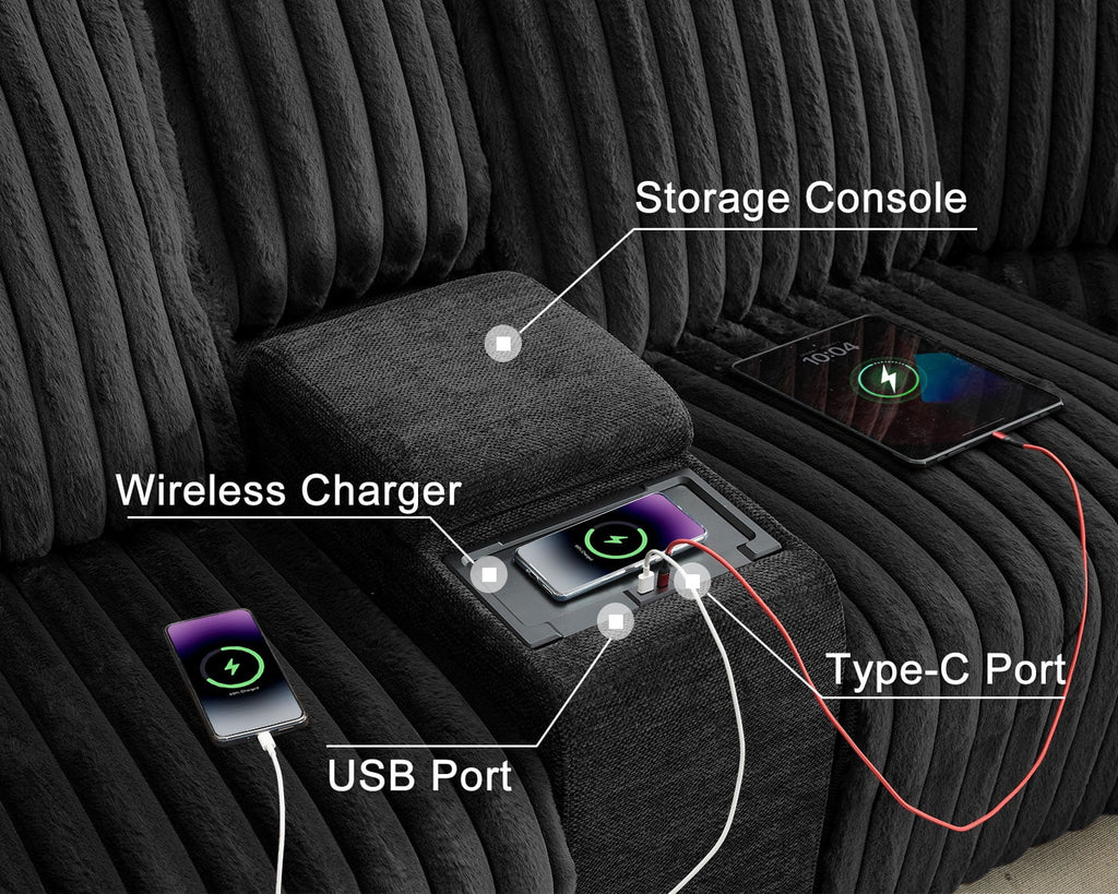 Power Reclining Sectional Sofa with Wireless Charger, 6 - Seater Faux Fur Sectional with Recliners, Hidden Cup Holders, Storage Console, USB & Type - C Ports, Black