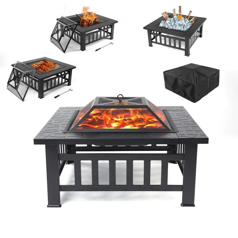 UHOMEPRO 32″ Outdoor Fire Pit Table, Wood Burning with Screen Lid, BBQ Net, Ice Tray, and Cover