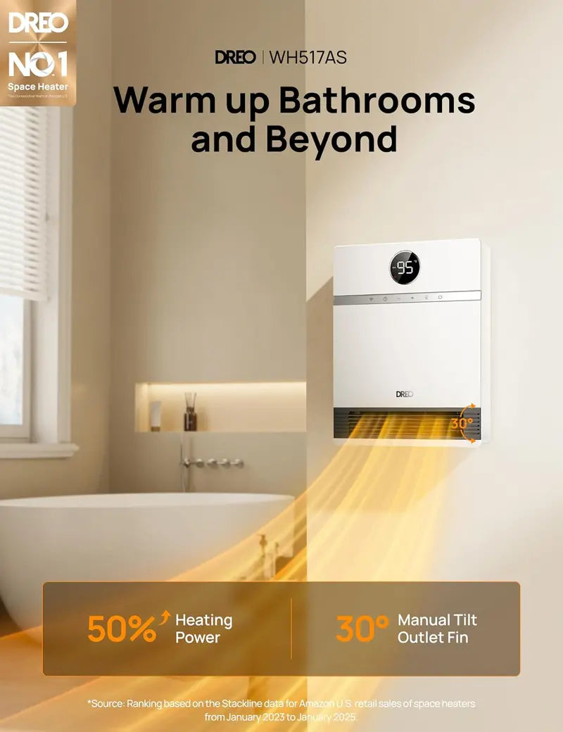 Dreo Smart Wall-Mounted PTC Heater | IP24-Rated Space Heater with 30 Oscillation, Alexa Compatibility, Remote, 24H Timer & Easy Installation for Bedrooms or Offices