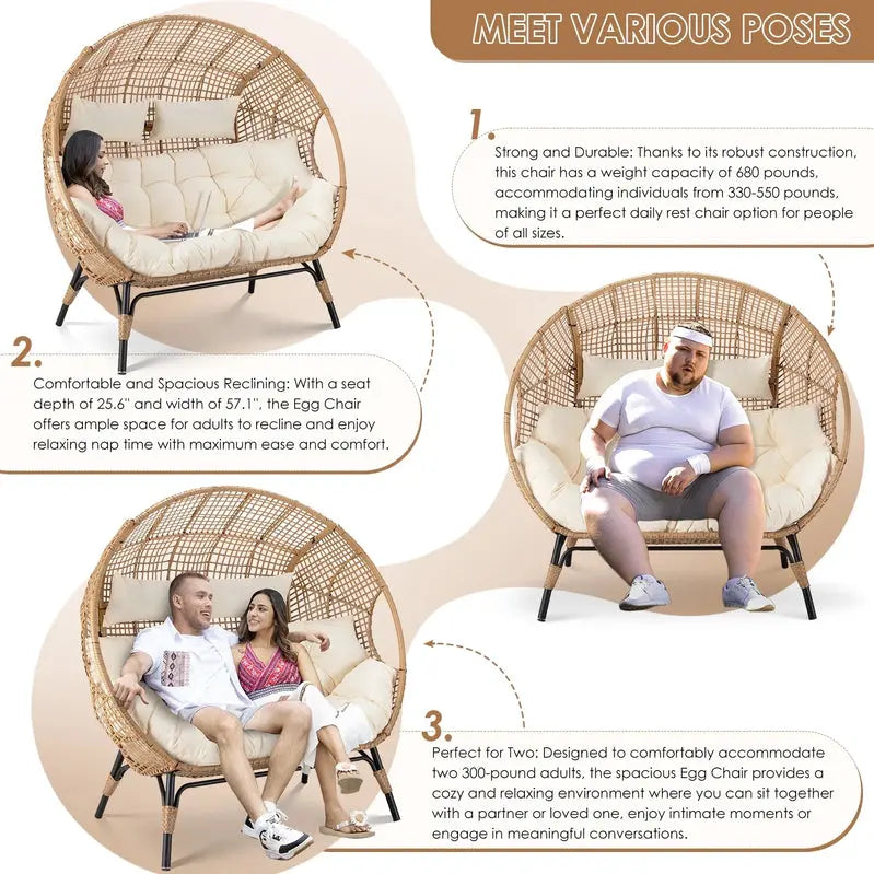 Two-Person Radiata Double Egg Chair – Oversized Wicker Loveseat with Extra-Thick Cushions & 680 lb Weight Capacity