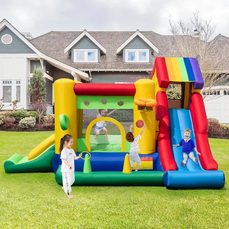 Costway Rainbow Kids Inflatable Bounce House  Includes 50 Ocean Balls & 735W Blower
