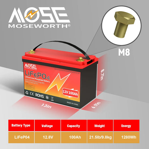 12V 100ah LiFePO4 Lithium Battery, MOSEWORTH RV, Solar, Trolling Motor, Camping, Marine, Off - Grid, Group 31 15000+Deep Cycles Battery, Low Temp Cut Off
