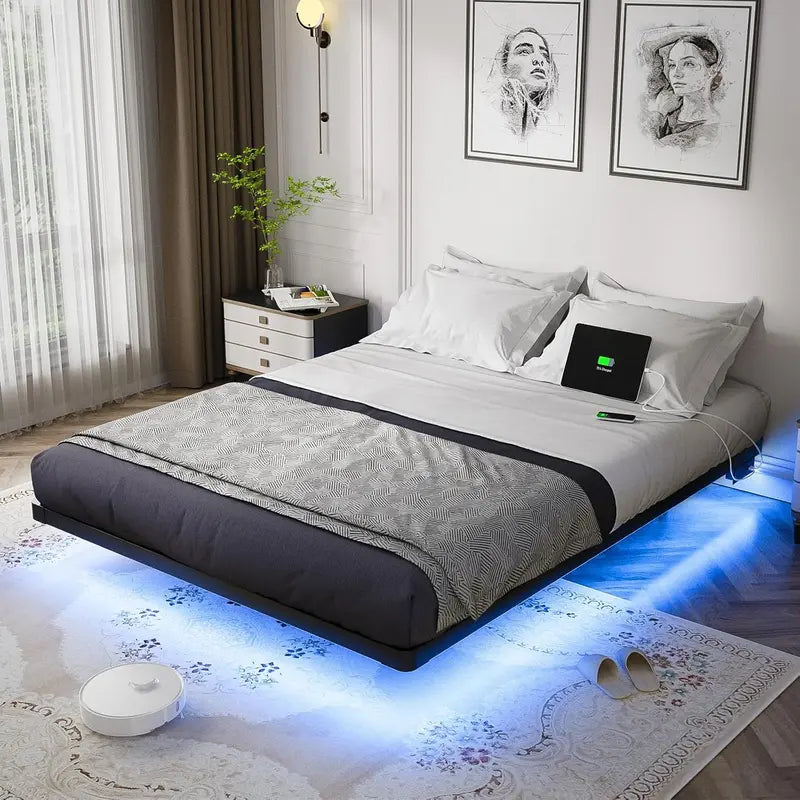 OLEVS Queen Floating Bed Frame – Modern Metal Platform with Integrated Smart LED Lighting