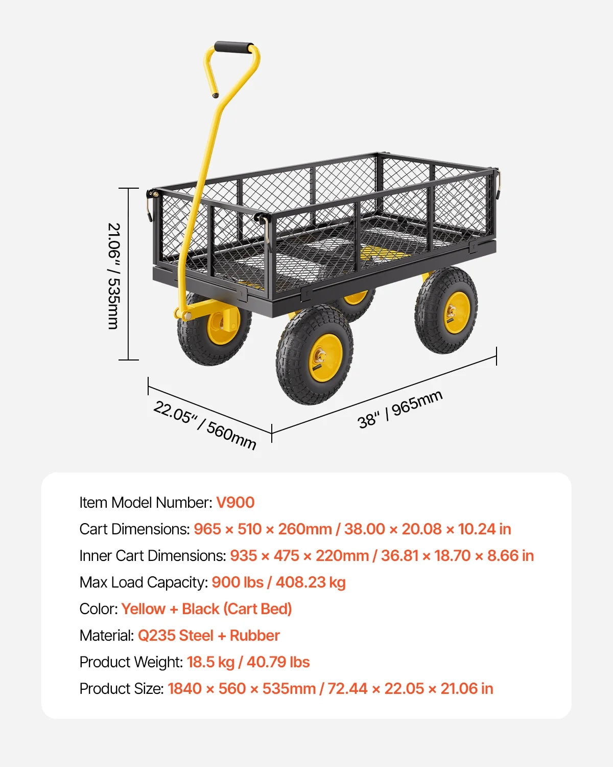 VEVOR 900 lb Heavy Duty Steel Garden Cart, Garden Wagon Cart on Wheels, Outdoor Metal Yard Utility Wagon Carts with 10" Tires and Mesh Removable Sides(Convert to Flatbed) and 180rotating Handle
