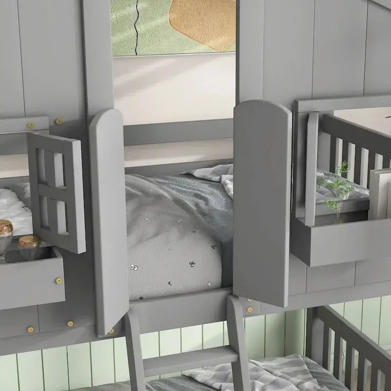 Twin-over-Twin Playhouse-Style Bunk Bed – Grey with Roof, Window & Safety Rails