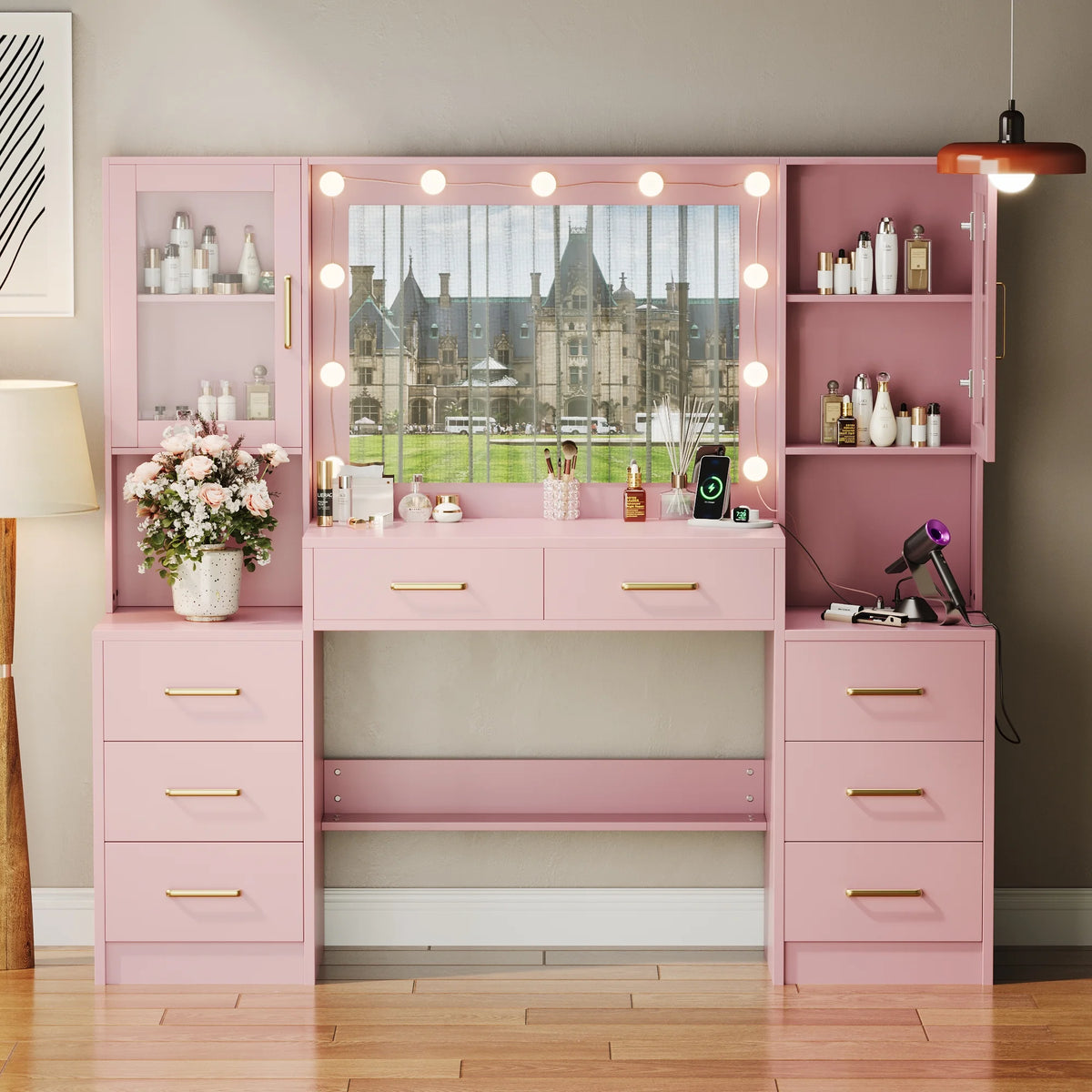 UGTOO 58.3" White Vanity Desk with Mirror, Adjustable Lighting, Power Outlet, Drawers, with Stool