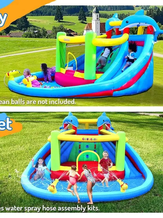 Dolphin Inflatable Water Slide & Bounce House with Double Cannons & Climbing Wall  Kids Backyard Water Park