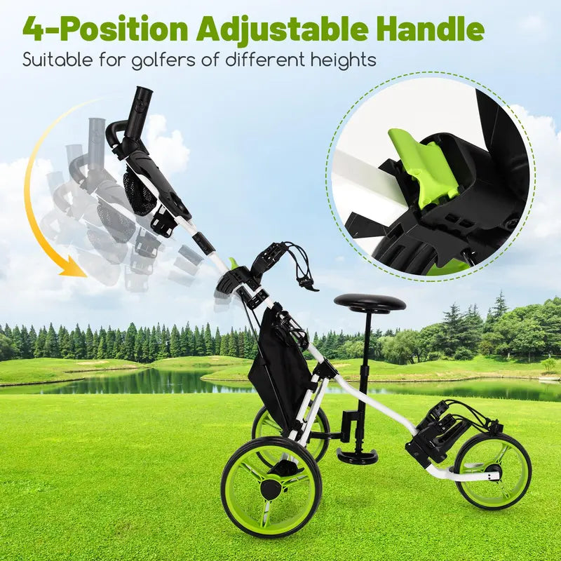 Three-Wheel Golf Push Cart – Compact Foldable Caddy with Adjustable Seat & Smooth Rolling Wheels
