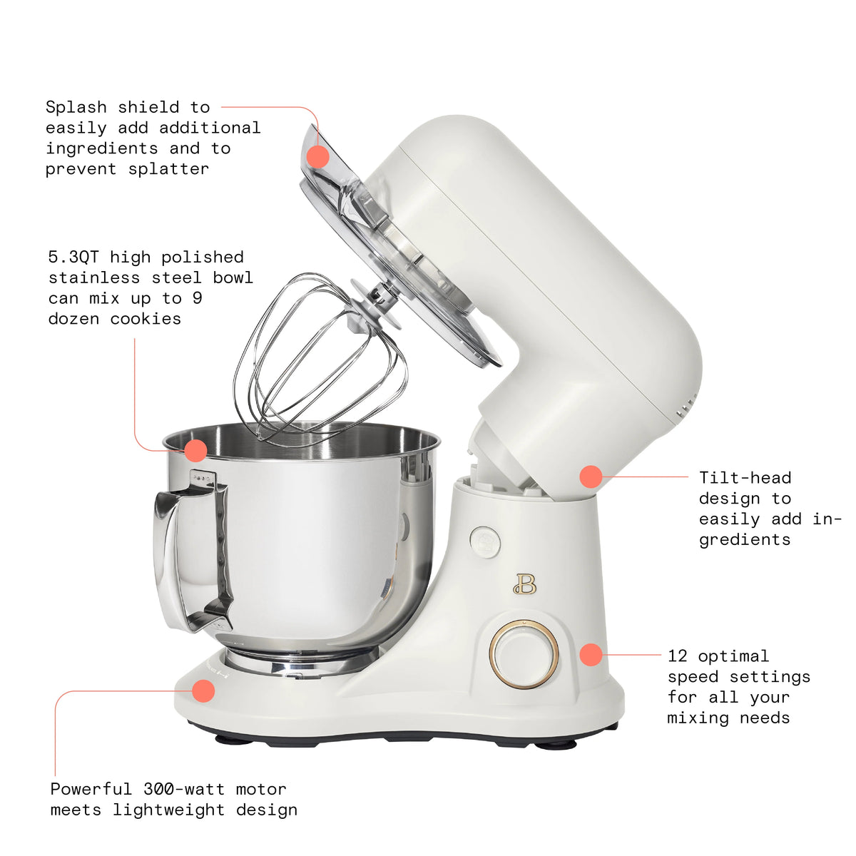 Beautiful 5.3 Qt Stand Mixer, Lightweight & Powerful with Tilt - Head, White Icing by Drew Barrymore