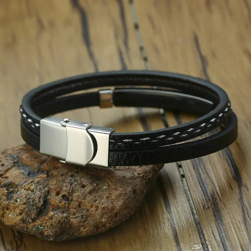 Textured Sew-Line Genuine Leather Bracelet